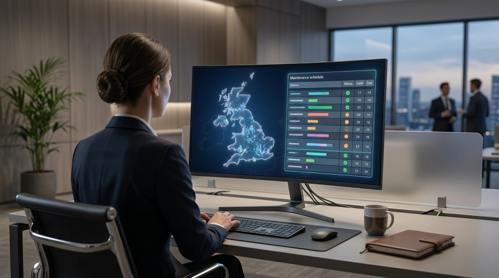 Office professional viewing a digital dashboard with a UK map and maintenance schedule on a computer monitor to schedule nationwide facilities services.