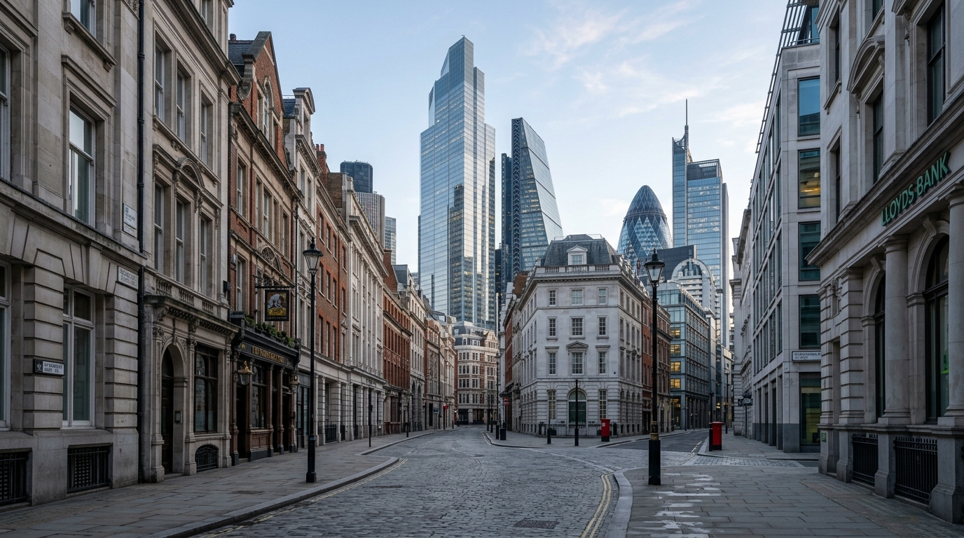 Office buildings in the City of London financial district with a mix of modern and historic architecture in a clean, empty street scene