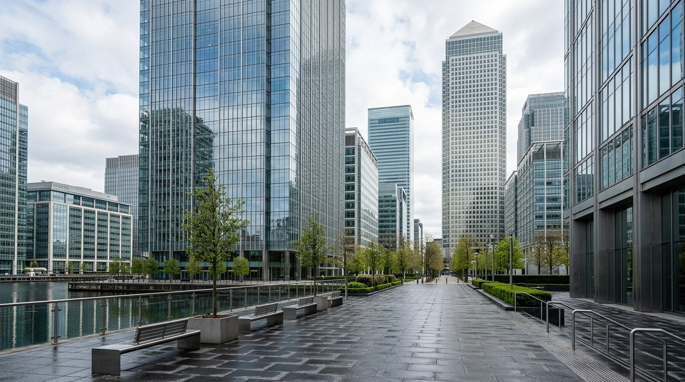 Modern office buildings in Canary Wharf, London, with glass skyscrapers and a clean corporate business district under soft daylight