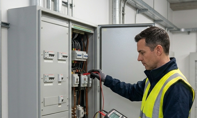 Engineer carrying out EICR inspection in a commercial building switchroom