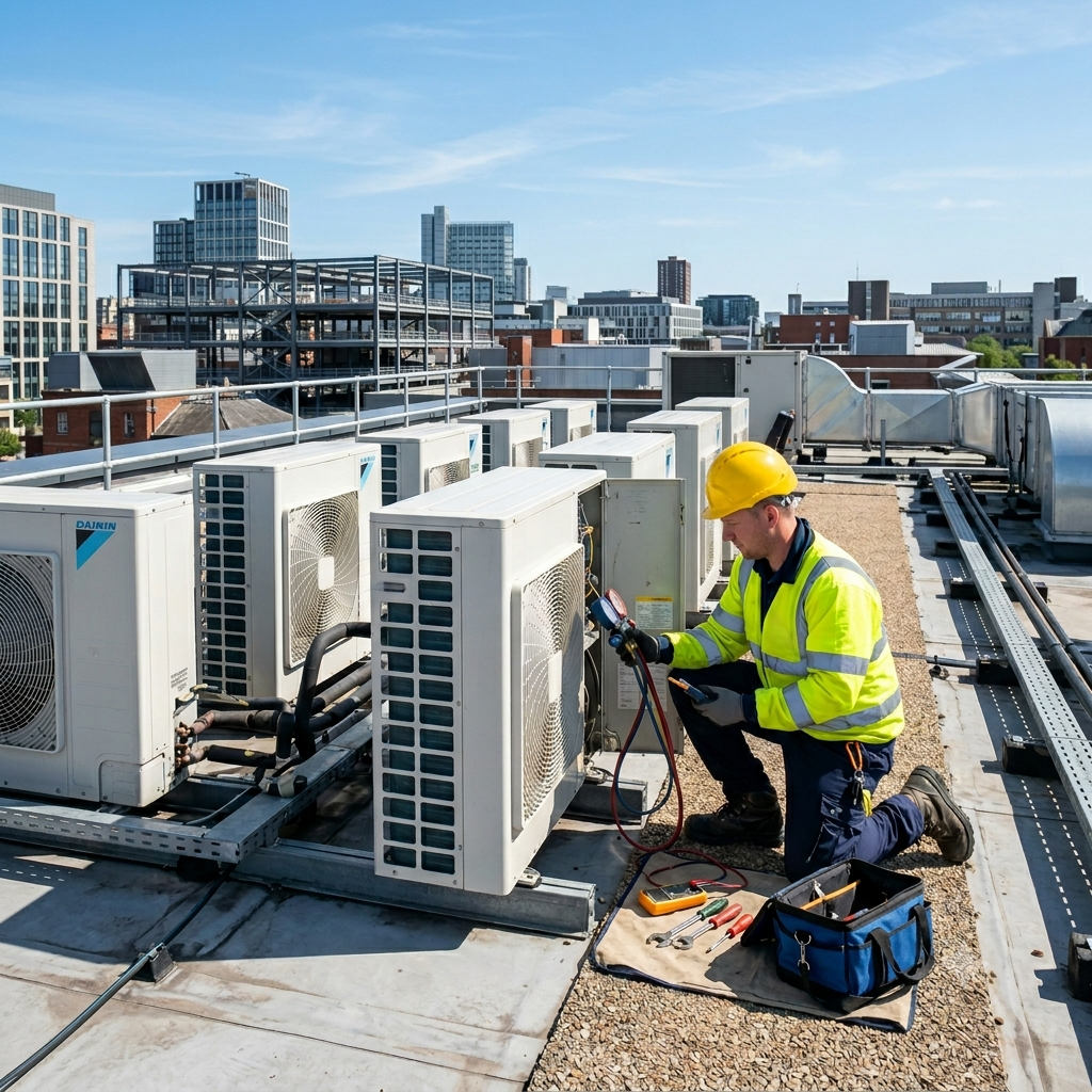 Engineer carrying out HVAC system maintenance services