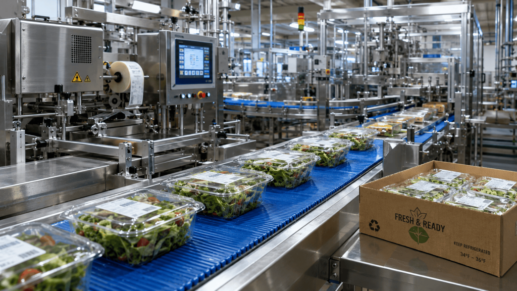 Modern food manufacturing facility with stainless steel production equipment and processing areas