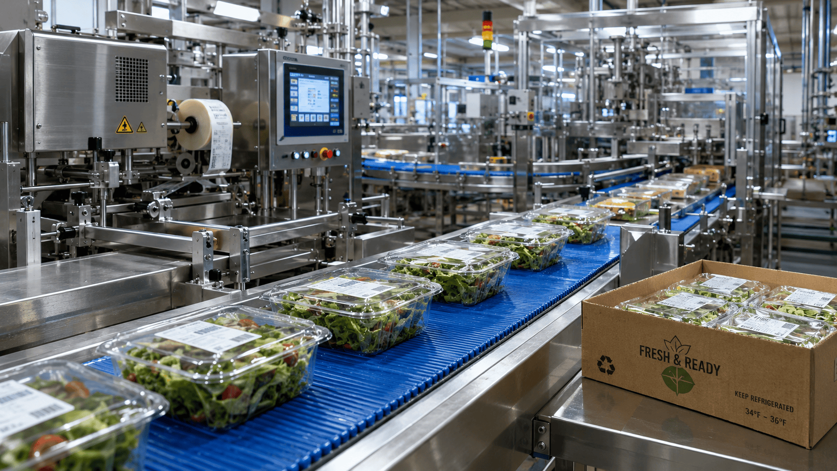 Modern food manufacturing facility with stainless steel production equipment and processing areas
