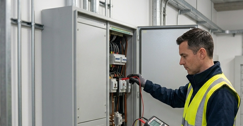 Engineer carrying out EICR inspection in a commercial building switchroom