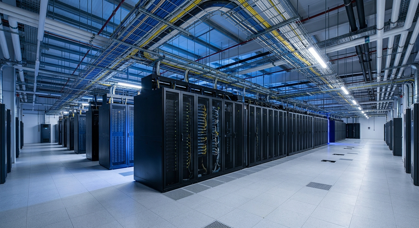 Modern data centre with server racks, cooling systems and electrical infrastructure